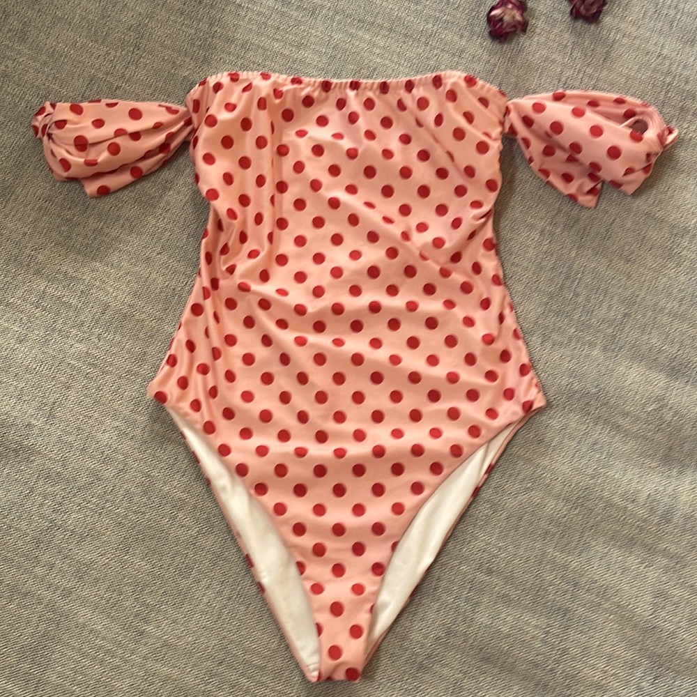Friends and Lovers light pink with red polka dots high cut from Revolve.